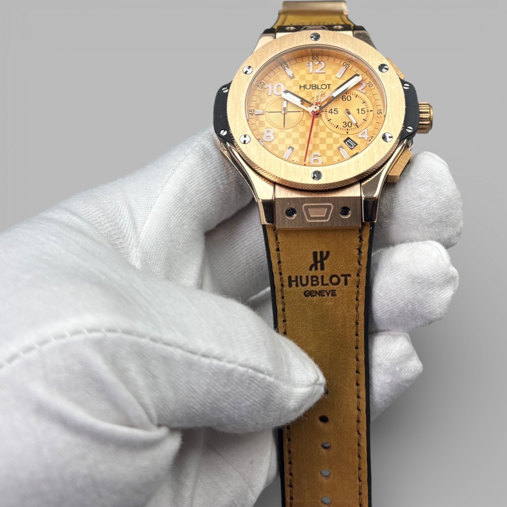 Hublot Big Bang Watch Chronograph Brown Strap Gold Dial 45mm For Men