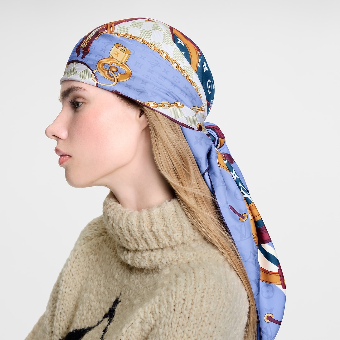 L0vis Vvtt0n Flower And Straps Square 90 Scarf Blue Denim For Women M94977