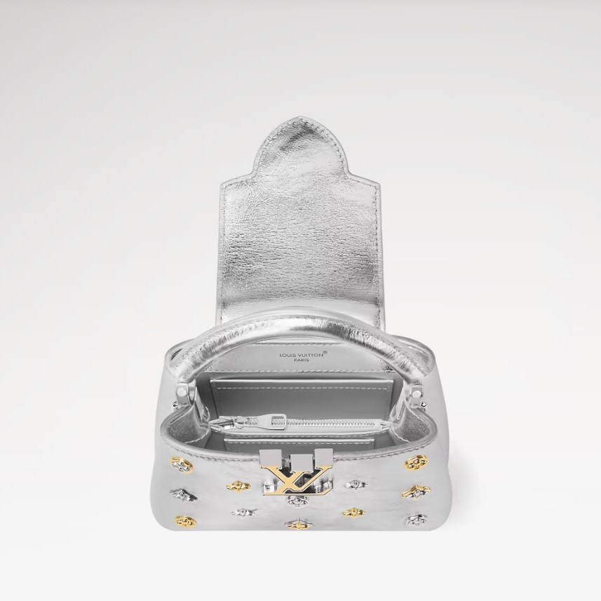 L0vis Vvtt0n Capucines Mini Top Handle Bag 8.3in/ 21cm Silver Metallic Silver/ Gold Hardware For Women M26258