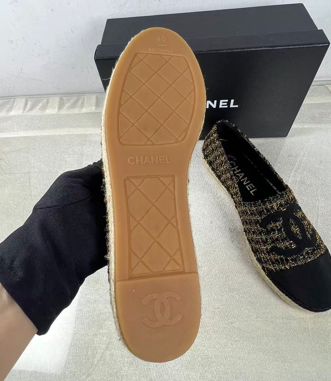 Ch**el Espadrilles Tweed Black/Gold For Women