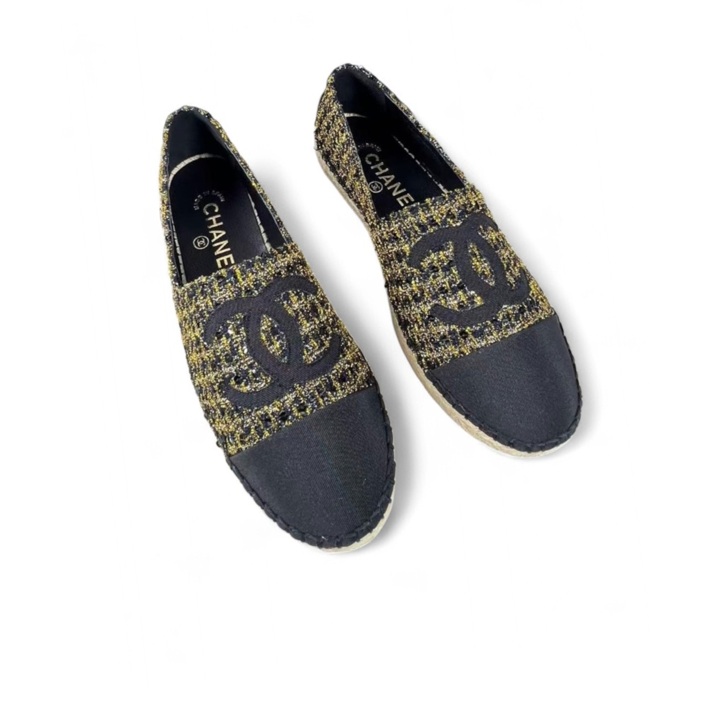 Ch**el Espadrilles Tweed Black/Gold For Women