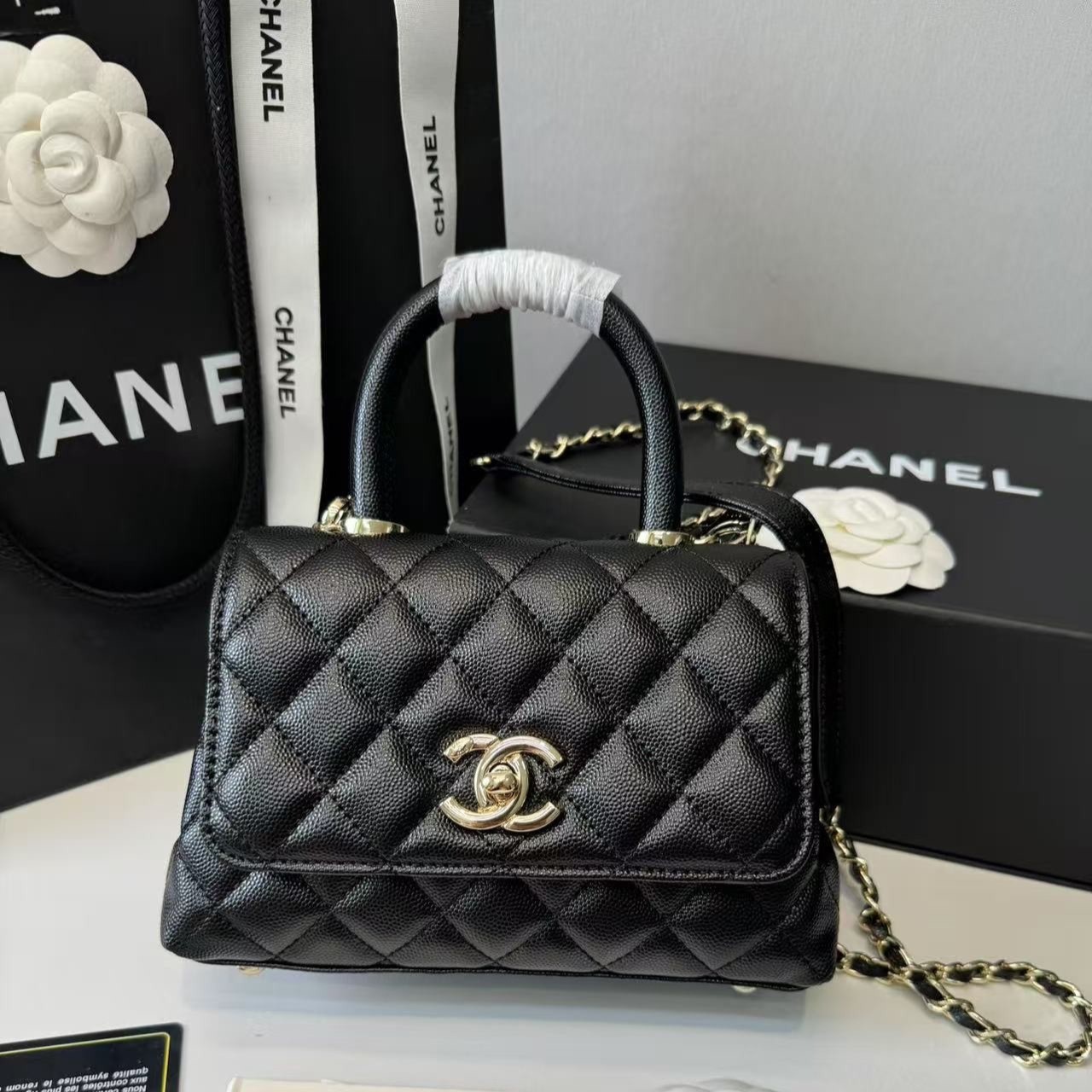 Ch**el Classic Mini Flapbag Top Handle Black For Women 7.5in/19cm