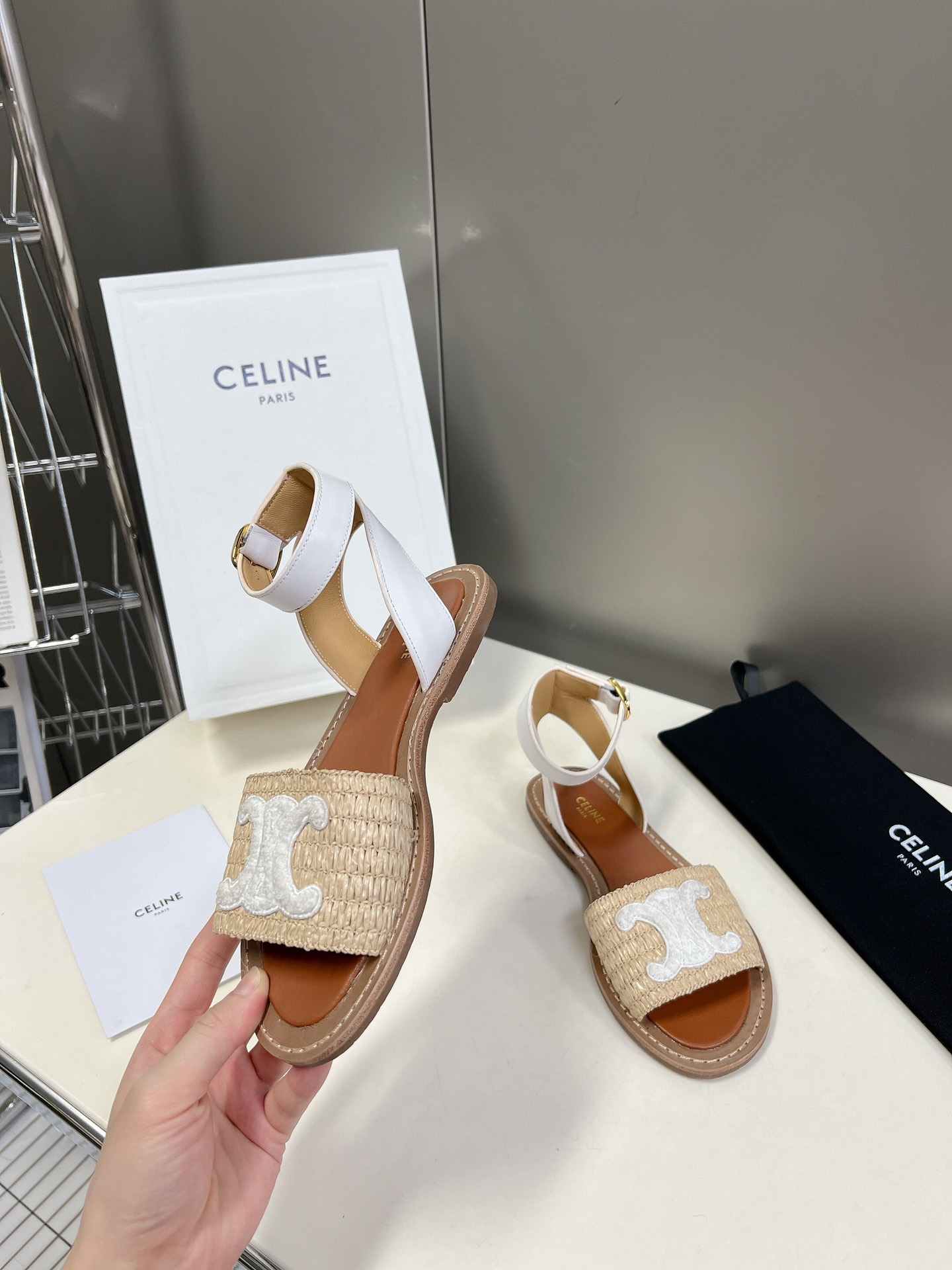 Ce1i*e Lympia Flat Strap Sandal In Raffia White For Women 352402248C.02GH