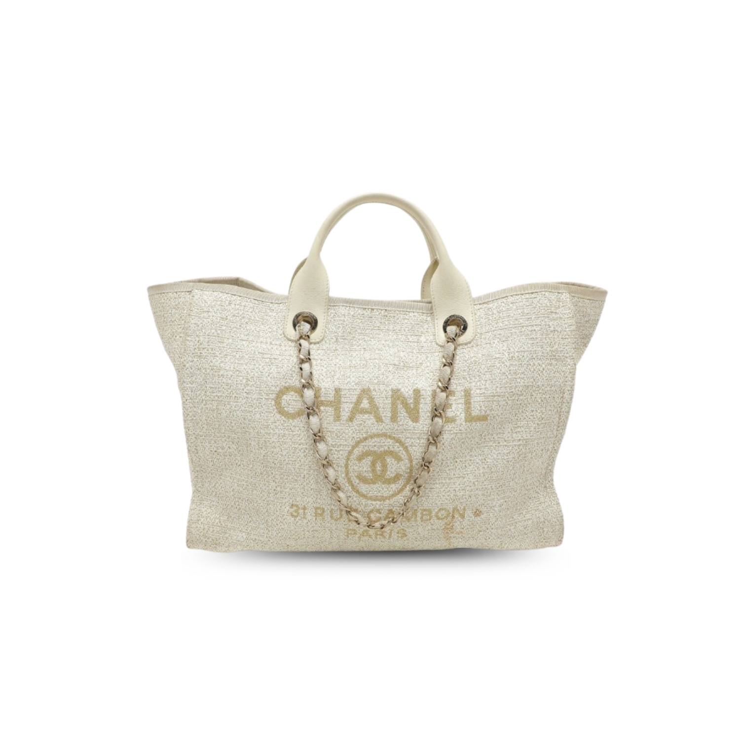 Ch**el Deauville Tote Tweed Canvas Bag Fall/Winter Collection, Beige/Cream/Gold/Multi For Women 15in/38cm