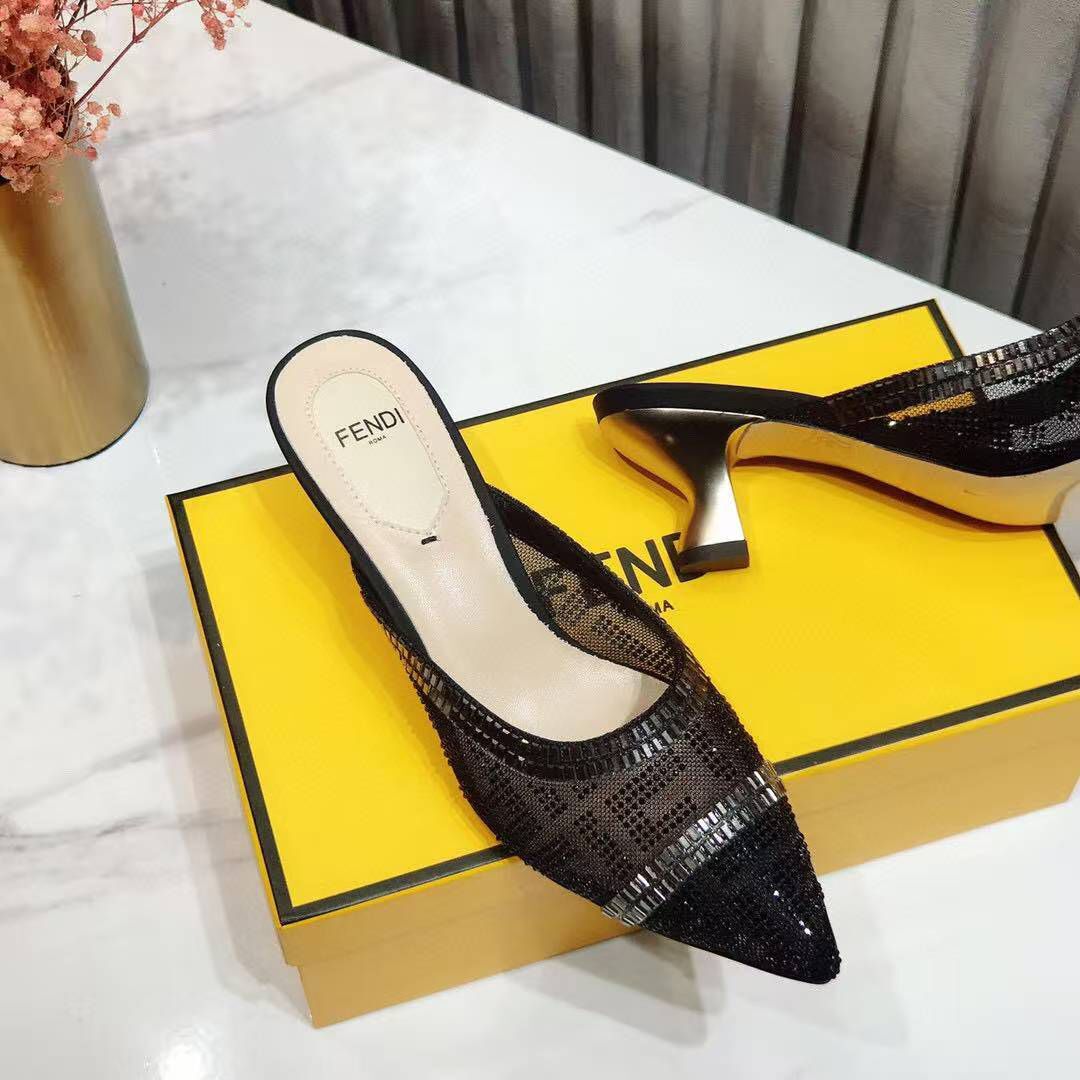 F**di Colibri Crystal FF Sabot Mules 55mm Spring/Summer Collection Black
