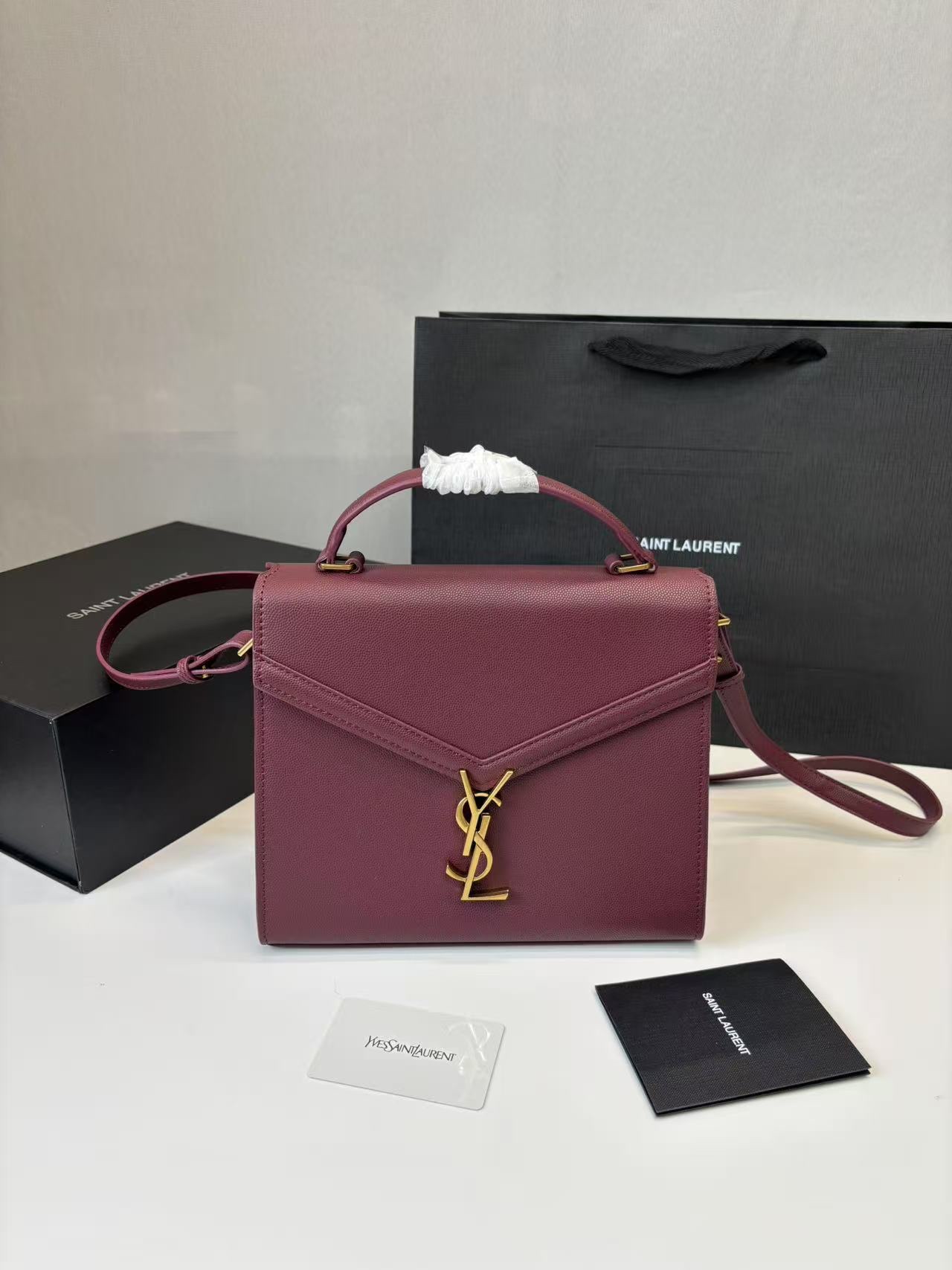 Sa1nt Lau*nt Cassandra Medium Top Handle Bag Deep Burgundy For Women 9.6in/24.5cm Y51