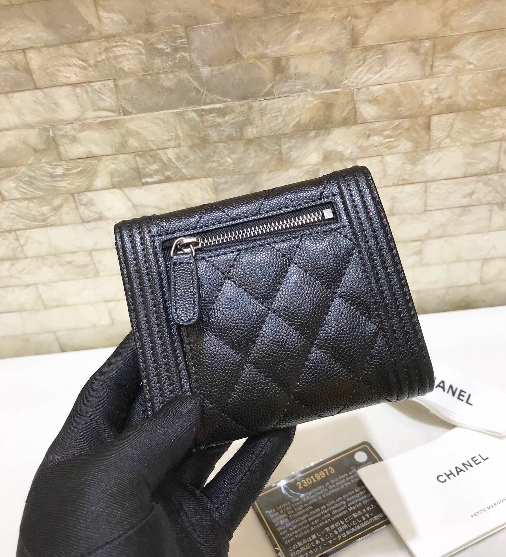 Ch**el CO-CO Flap Card Holder Wallet Black Silver Hardware For Women 11.5cm/4.5in