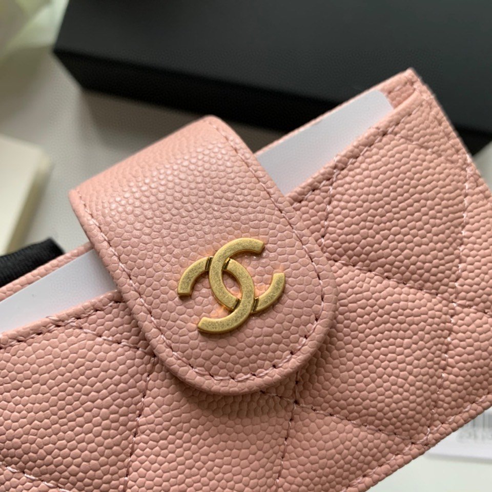 Ch**el CO-CO Card Holder Wallet Pink Gold Toned Hardware For Women 10cm/4in