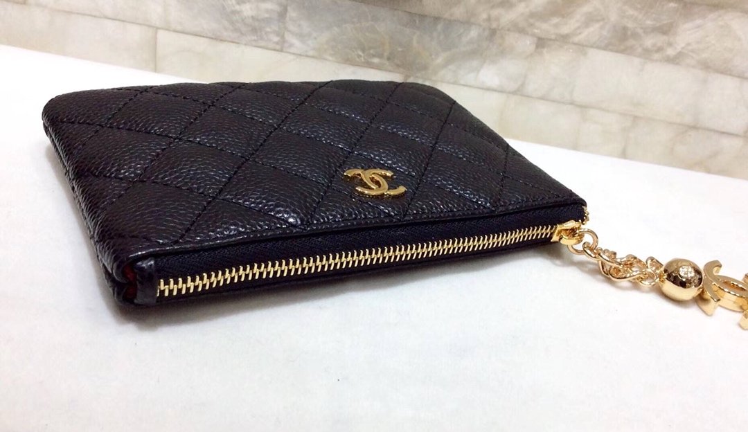 Ch**el CO-CO Classic Mini Pouch Wallet 14cm/5.5in Gold Toned Hardware For Women Black
