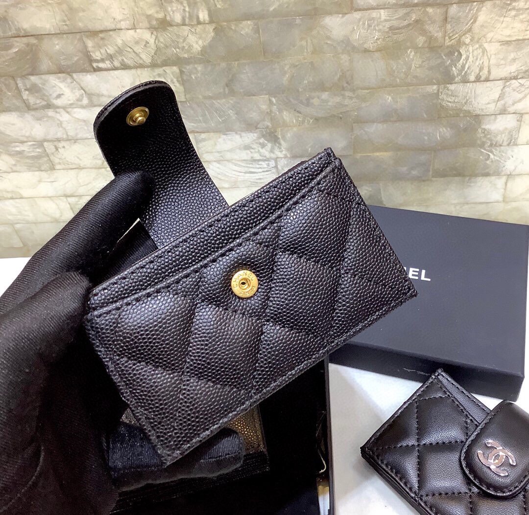 Ch**el CO-CO Card Holder Wallet Black Gold Hardware For Women 10cm/4in