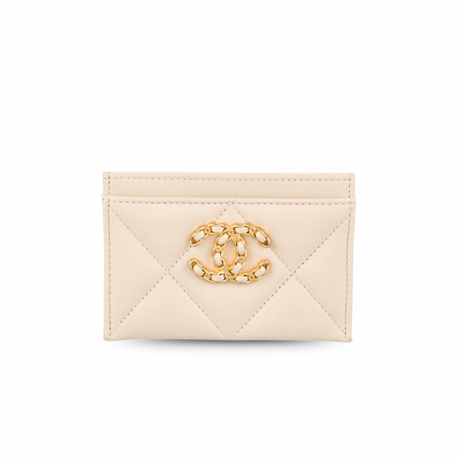 Ch**el CO-CO 19 Card Holder Wallet Beige Gold Toned Hardware For Women 11cm/4.3in