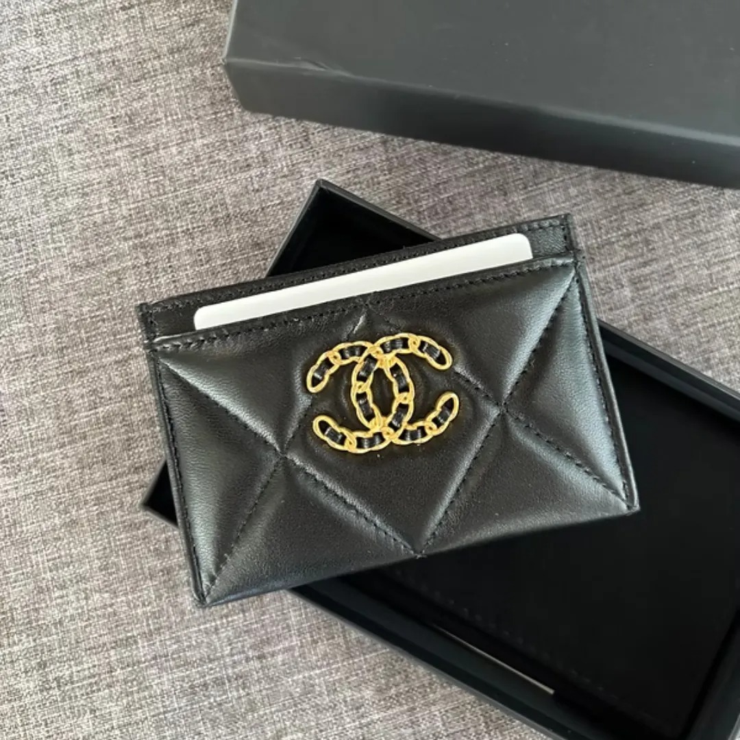 Ch**el CO-CO 19 Card Holder Wallet Black Gold Toned Hardware For Women 11cm/4.3in