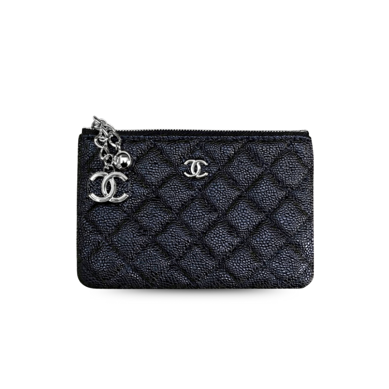 Ch**el CO-CO Classic Mini Pouch Wallet 14cm/5.5in Silver Toned Hardware For Women Black