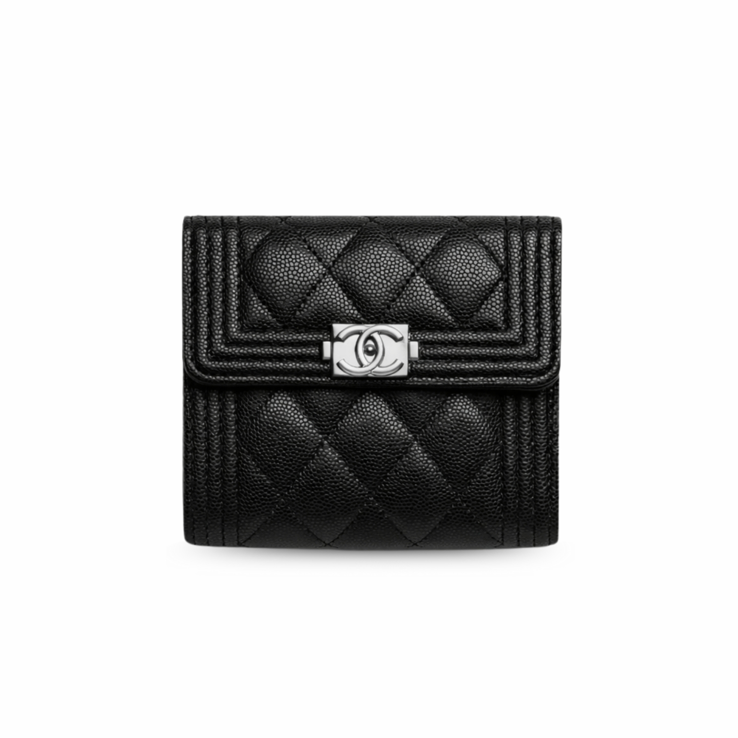 Ch**el CO-CO Flap Card Holder Wallet Black Silver Hardware For Women 11.5cm/4.5in