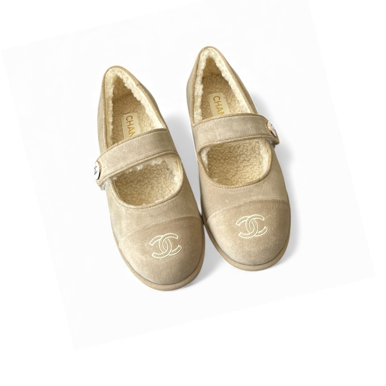 Ch**el Mary Jane Flats Beige Suede Shearling For Women