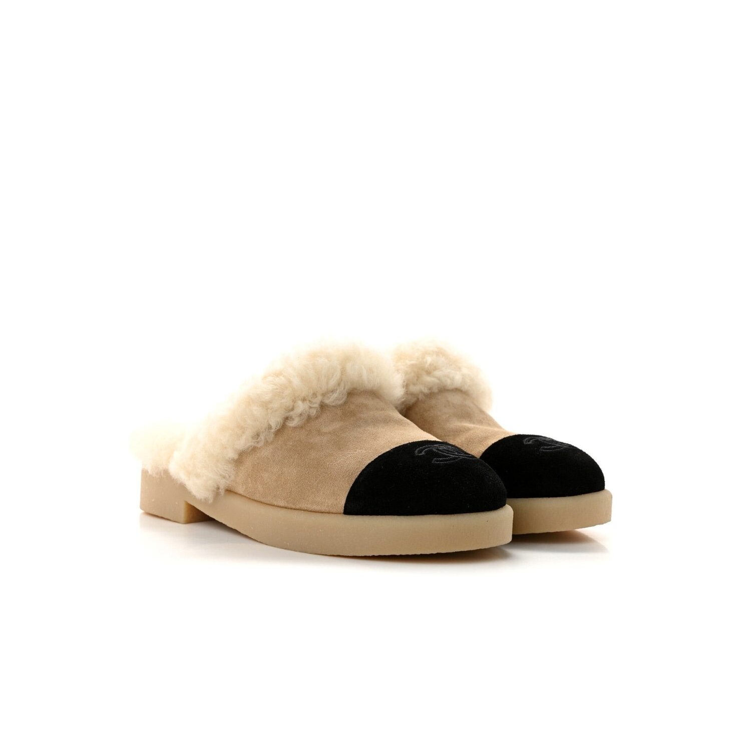 Ch**el Shearling Two-Tone Mules Beige/Black For Women