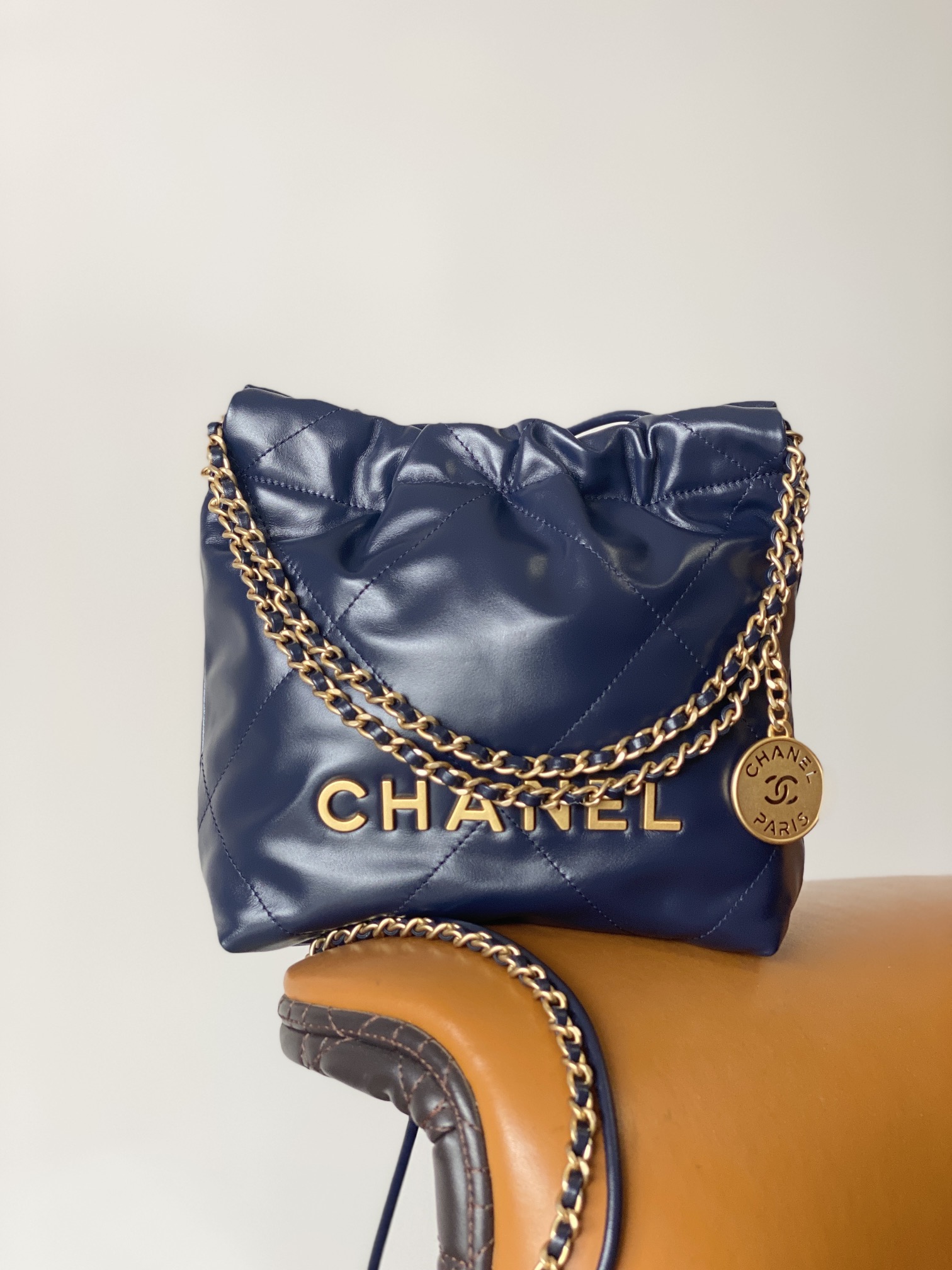 [True-to-ORIGINAL] Ch**el 22 Mini Bag Gold Tone Navy Blue For Women 7.5in/19cm