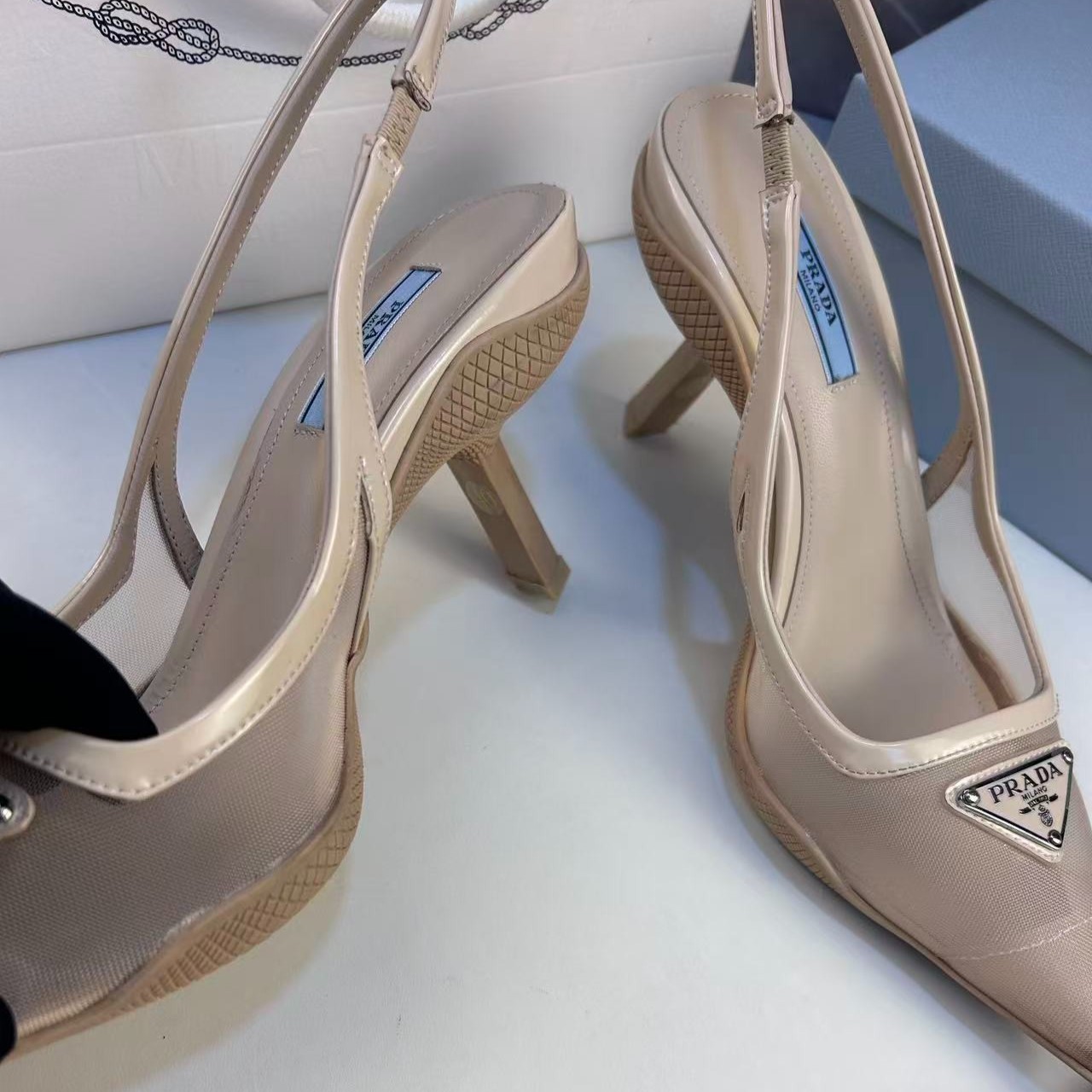 Pra*a Mesh Fabric Slingback Pumps Beige For Women PRD 1I828M_099_F0F24_F_045