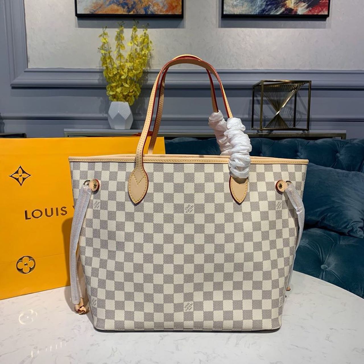 L0vis Vvtt0n Neverfull MM Tote Bag Damier Azur Canvas Rose Ballerine Pink For Women, Women’s Bags, Shoulder Bags 12.2in/31cm LV N41605