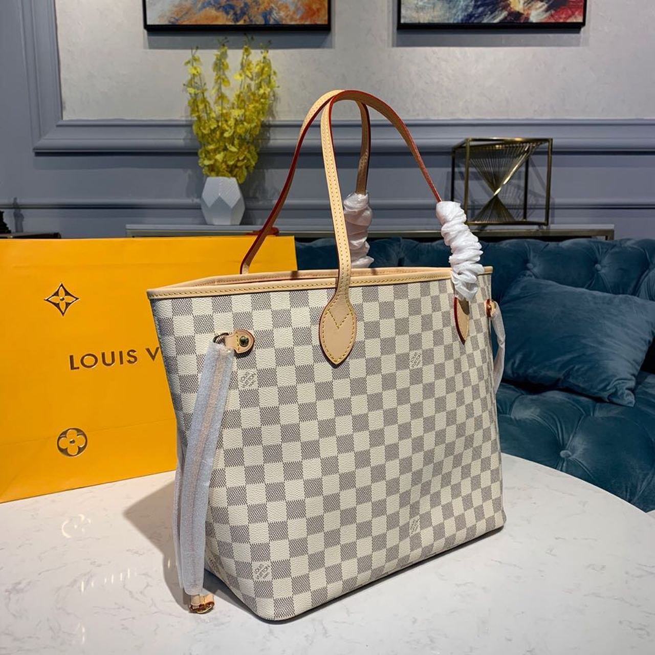 L0vis Vvtt0n Neverfull MM Tote Bag Damier Azur Canvas Rose Ballerine Pink For Women, Women’s Bags, Shoulder Bags 12.2in/31cm LV N41605