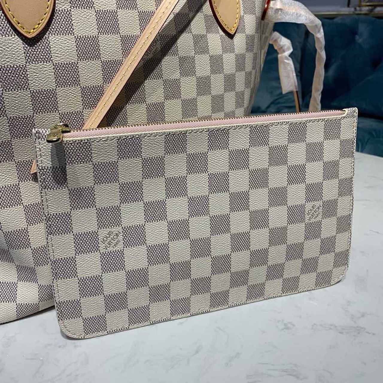 L0vis Vvtt0n Neverfull MM Tote Bag Damier Azur Canvas Rose Ballerine Pink For Women, Women’s Bags, Shoulder Bags 12.2in/31cm LV N41605