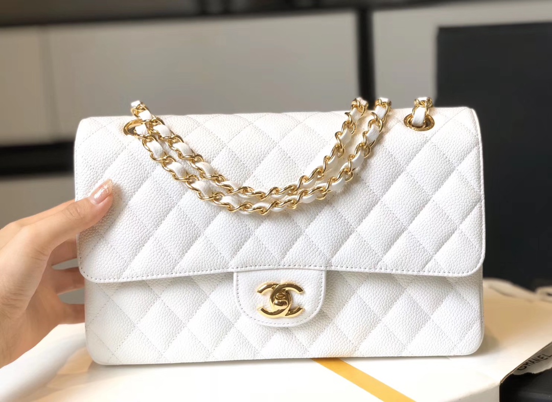 Ch**el Classic Medium Flapbag Golden Hardware White 10in/25.5cm