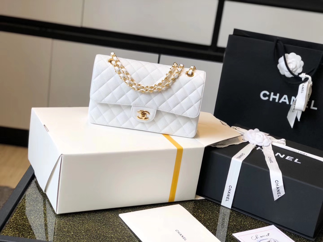 Ch**el Classic Medium Flapbag Golden Hardware White 10in/25.5cm