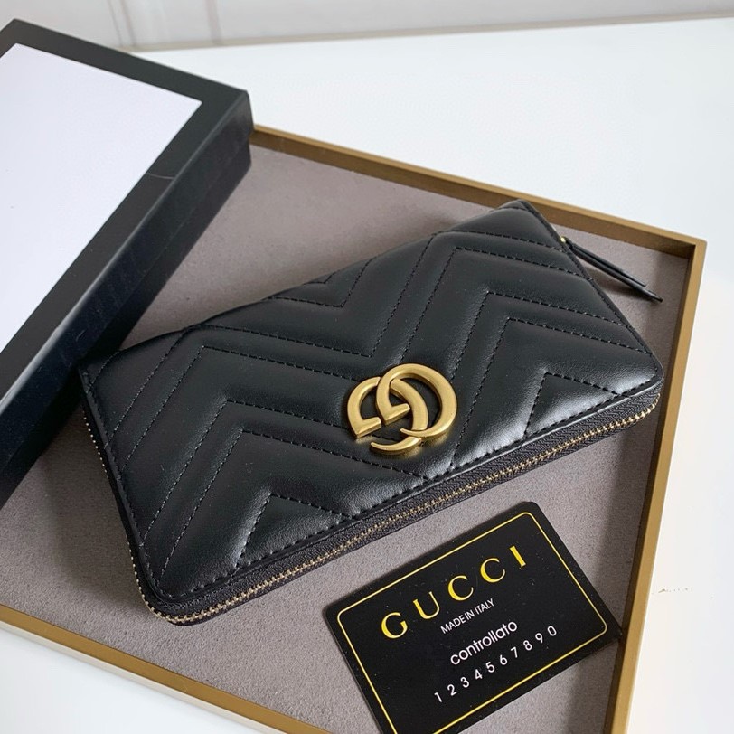 Gvc*1 GG Marmont Zip Around Wallet Black For Women 7.4in/19cm 443123 DTD1T 1000