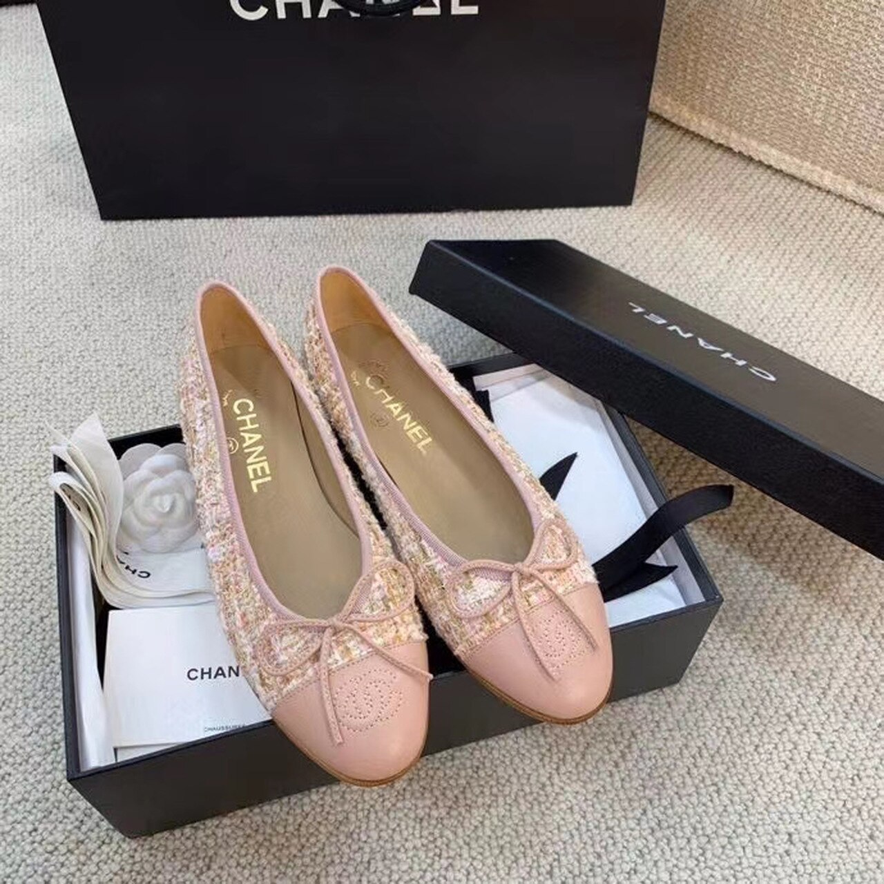 Ch**el Ballerina Flats Tweed and Grosgrain Light Pink For Women, Women’s Shoes G02819