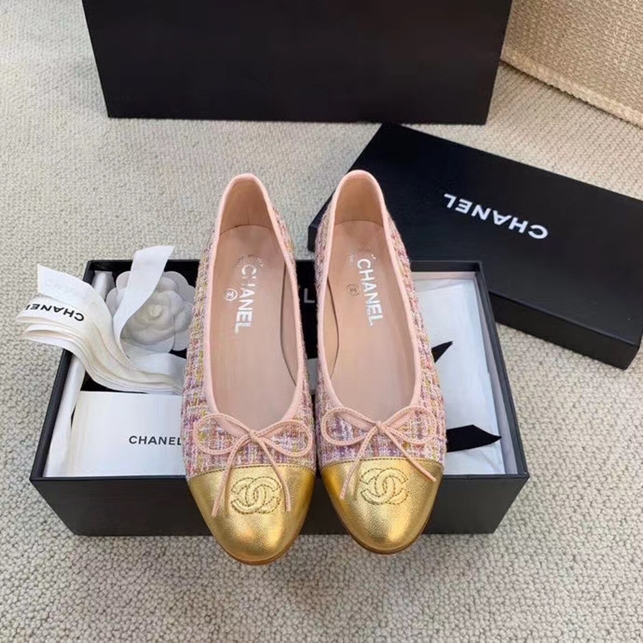 Ch**el Ballerina Flats Tweed and Grosgrain Pink/Gold For Women, Women’s Shoes G02819