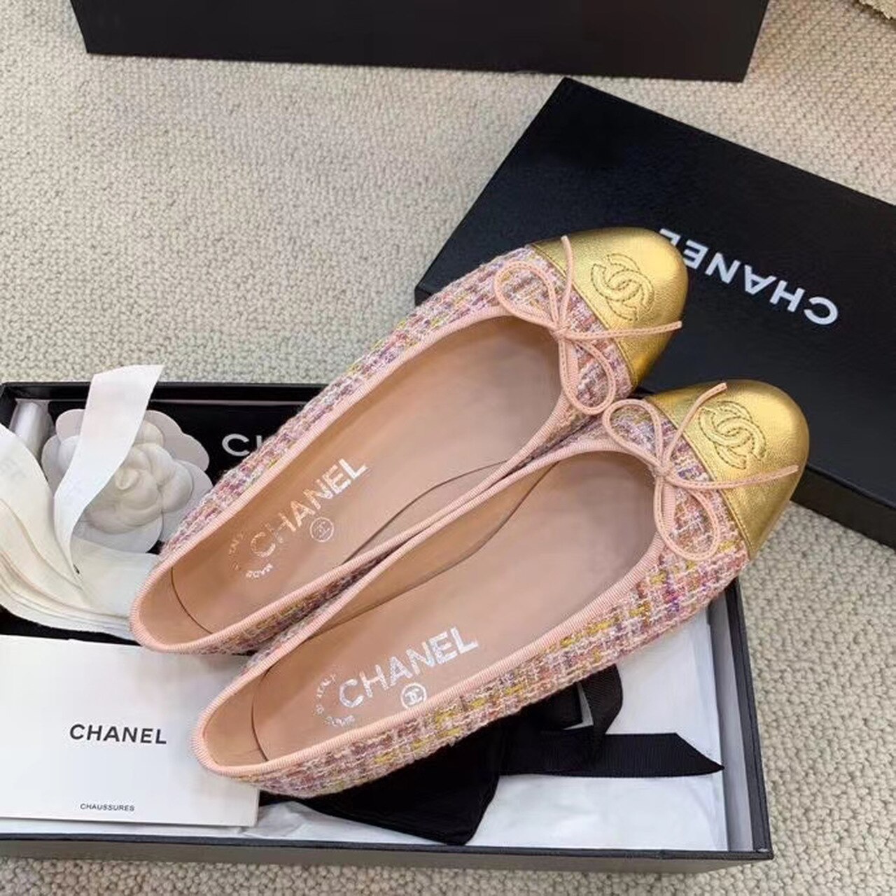Ch**el Ballerina Flats Tweed and Grosgrain Pink/Gold For Women, Women’s Shoes G02819