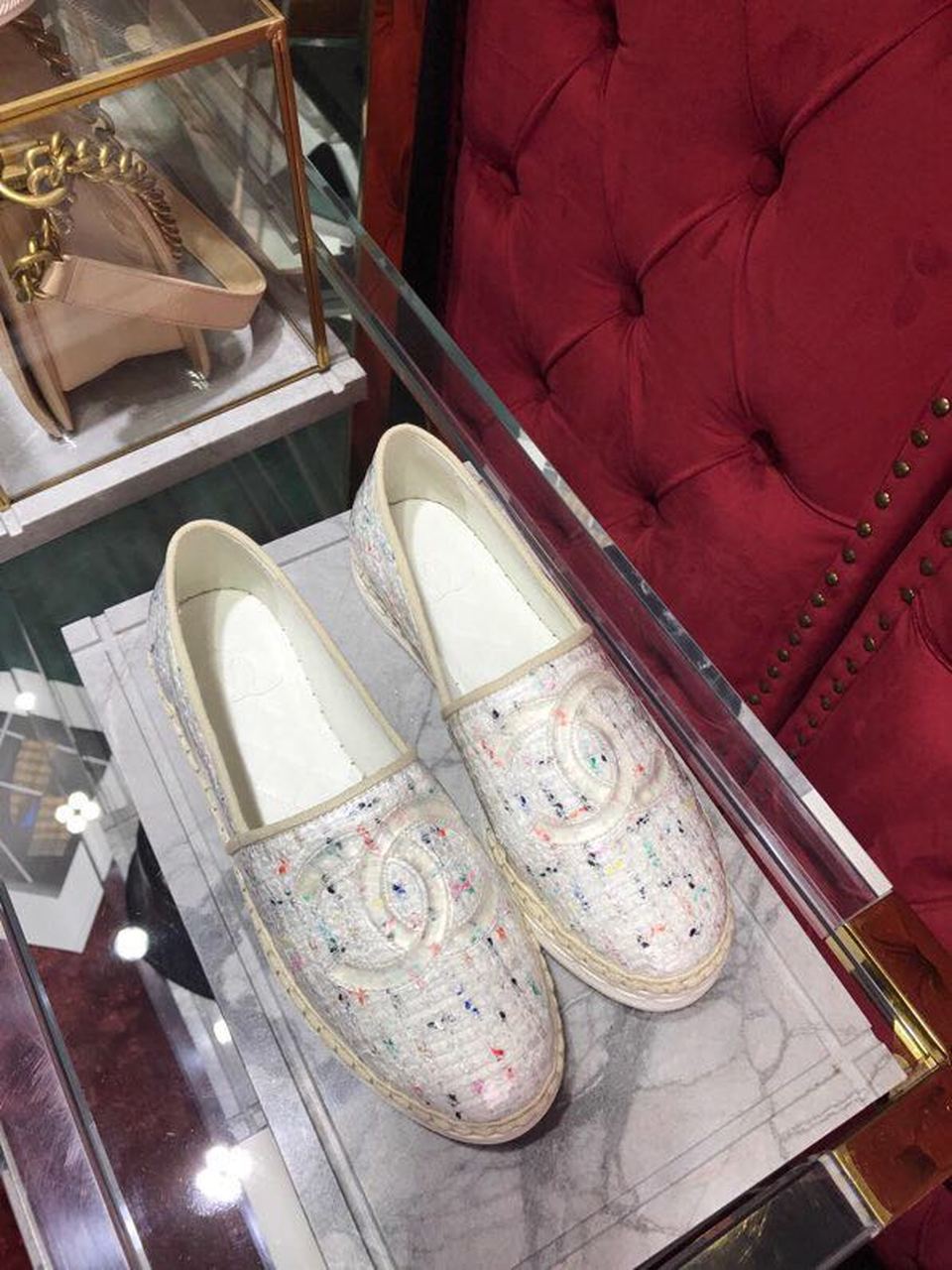Ch**el Tweed/PVC CC Logo Espadrilles White For Women, Women’s Shoes