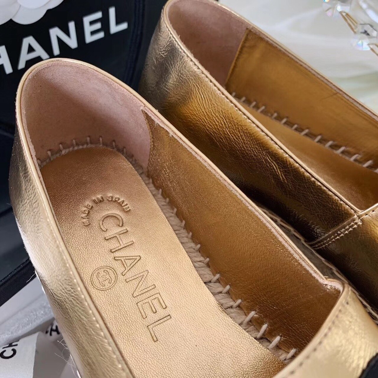 Ch**el Espadrilles Rose Gold/Black For Women, Women’s Shoes G29762