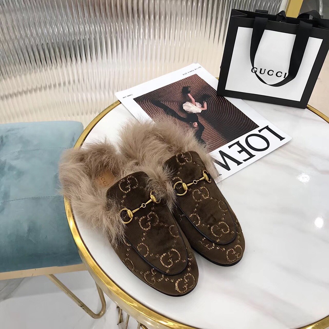 Gvc*1 Princetown Velvet Fur Slipper Mules 448657 Calfskin Leather Pre-Fall/Winter Collection, Brown