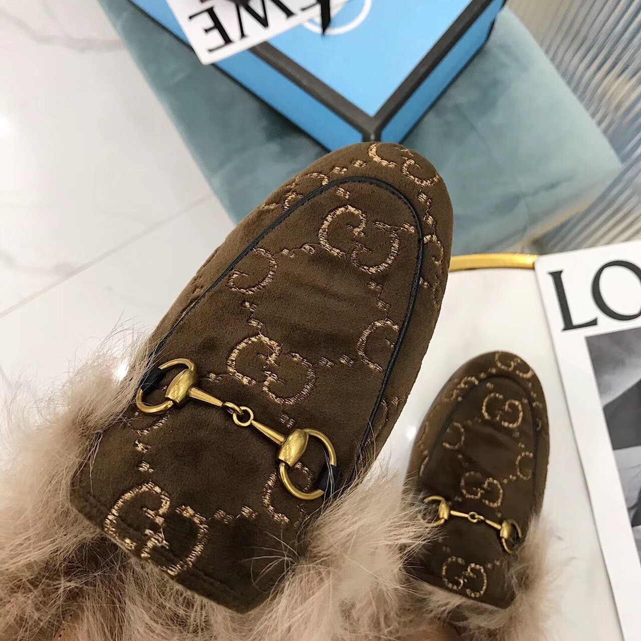 Gvc*1 Princetown Velvet Fur Slipper Mules 448657 Calfskin Leather Pre-Fall/Winter Collection, Brown