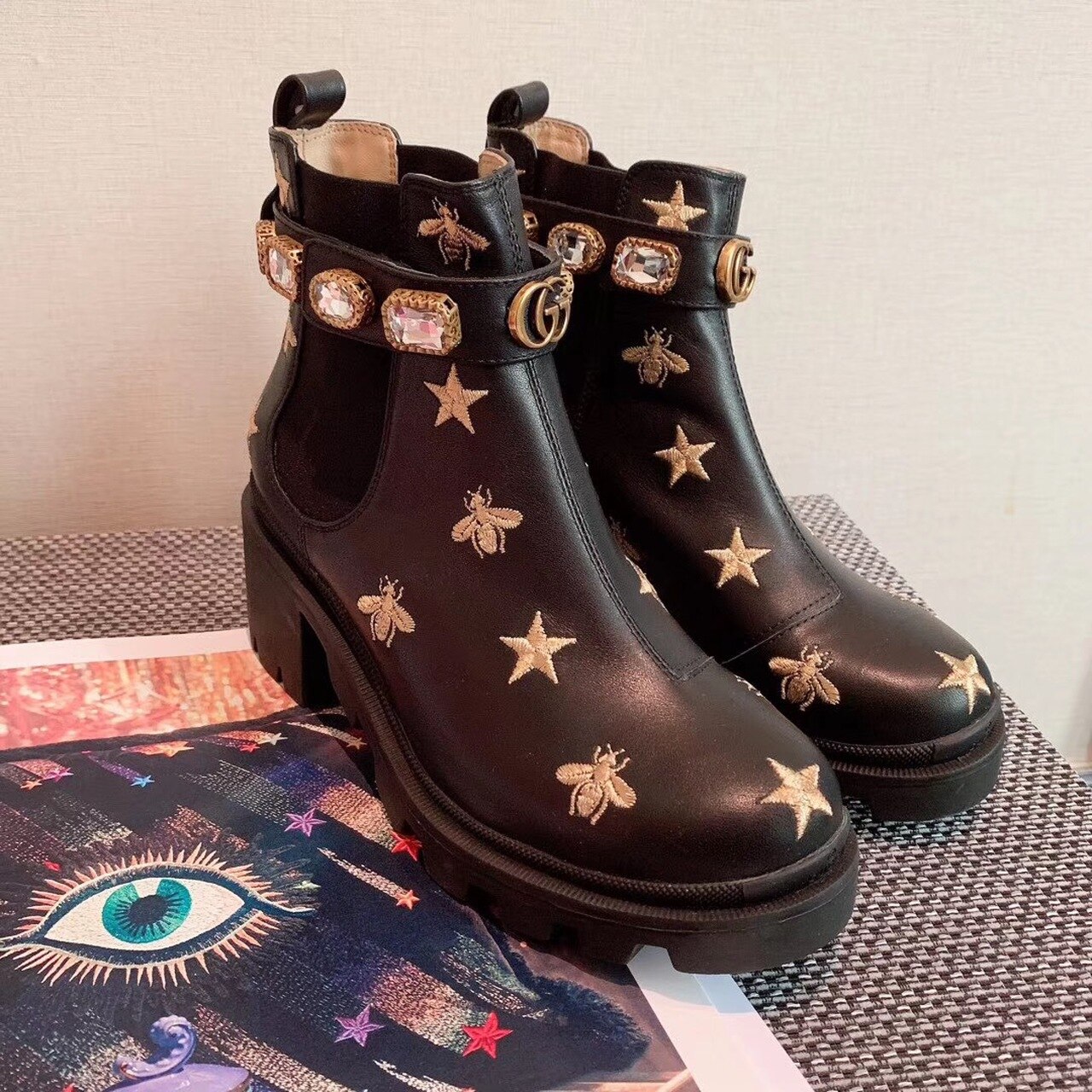 Gvc*1 Star And Bee Embroidered Trip Ankle Boots Black For Women GG