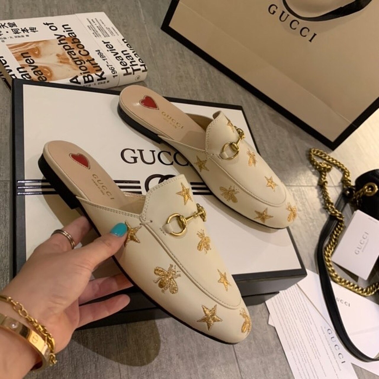 Gvc*1 Princetown Slipper With Bee Stars Beige For Women GG