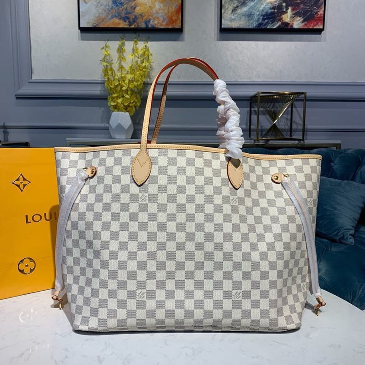 L0vis Vvtt0n Neverfull GM Tote Bag Damier Azur Canvas Rose Ballerine Pink For Women, Women’s Handbags, Shoulder Bags 15.4in/39cm LV N41604