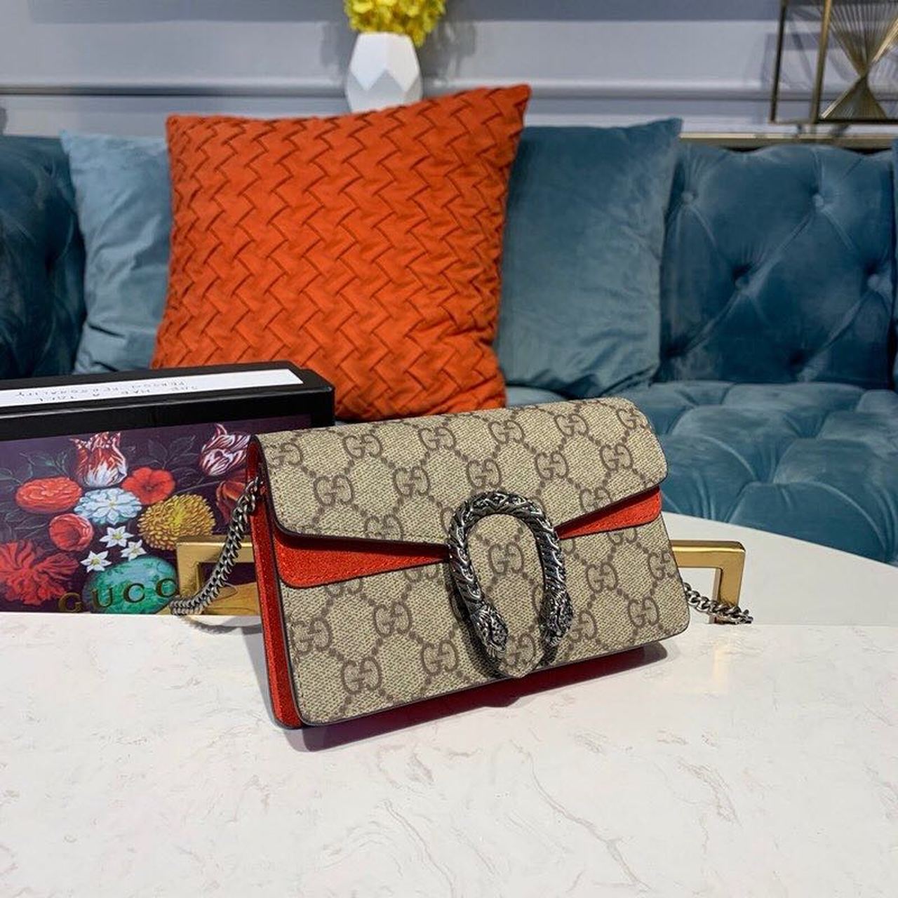Gvc*1 Dionysus Svp*me S*per Mini Bag Beige/Ebony GG Svp*me Canvas Red Suede 6.5in/16.5cm GG 476432