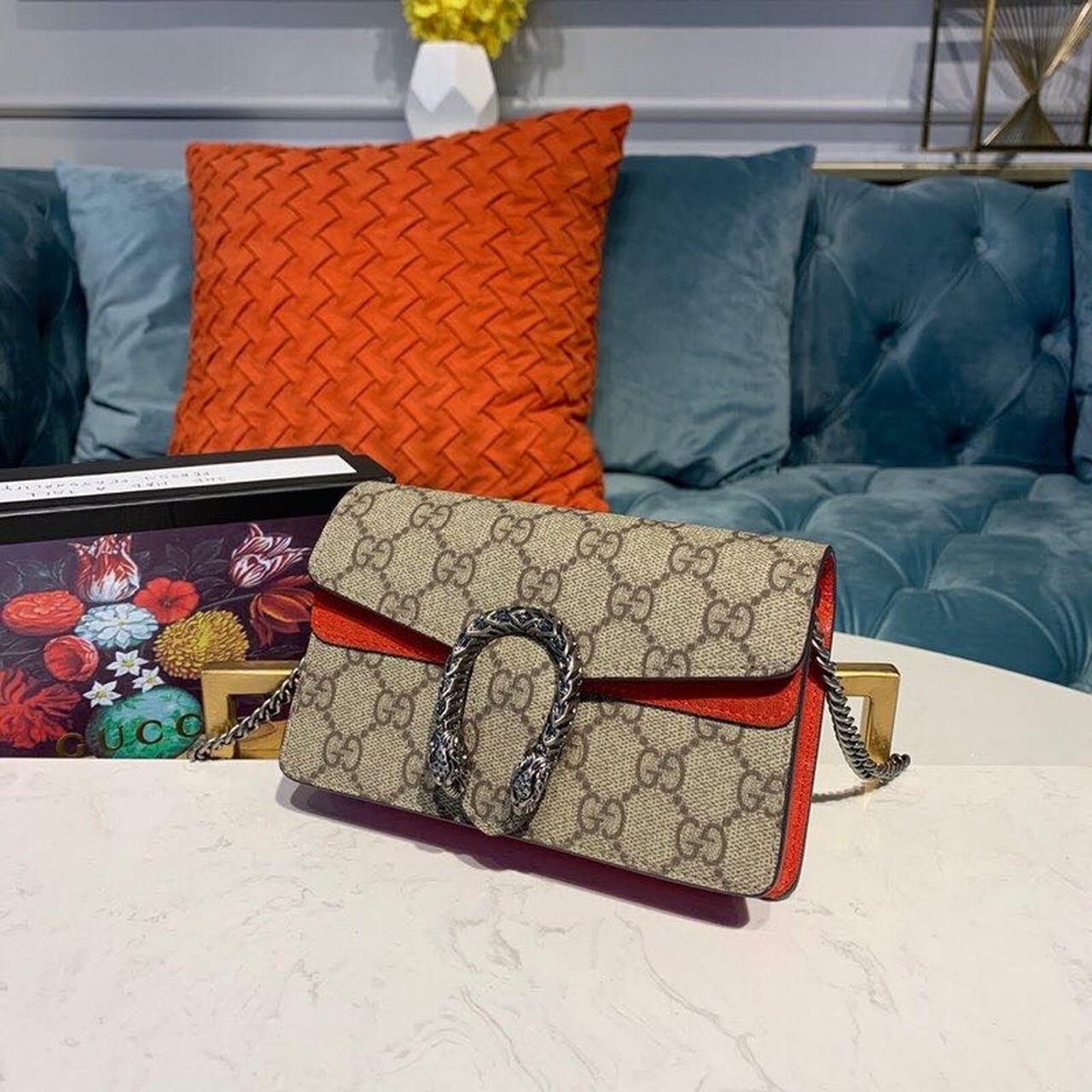 Gvc*1 Dionysus Svp*me S*per Mini Bag Beige/Ebony GG Svp*me Canvas Red Suede 6.5in/16.5cm GG 476432