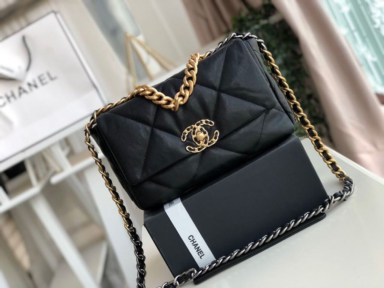 Ch**el 19 HandBag Black For Women 10.1in/26cm AS1160