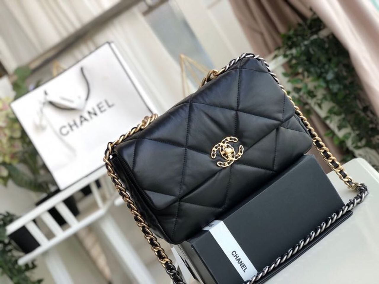 Ch**el 19 HandBag Black For Women 11.8in/30cm