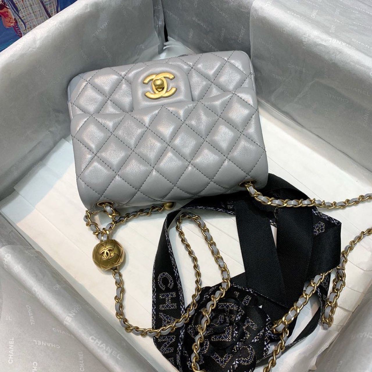 Ch**el Classic Flap With Charm Chain With CC Details On Strap Bag 17cm/7inch Gold Hardware Grey