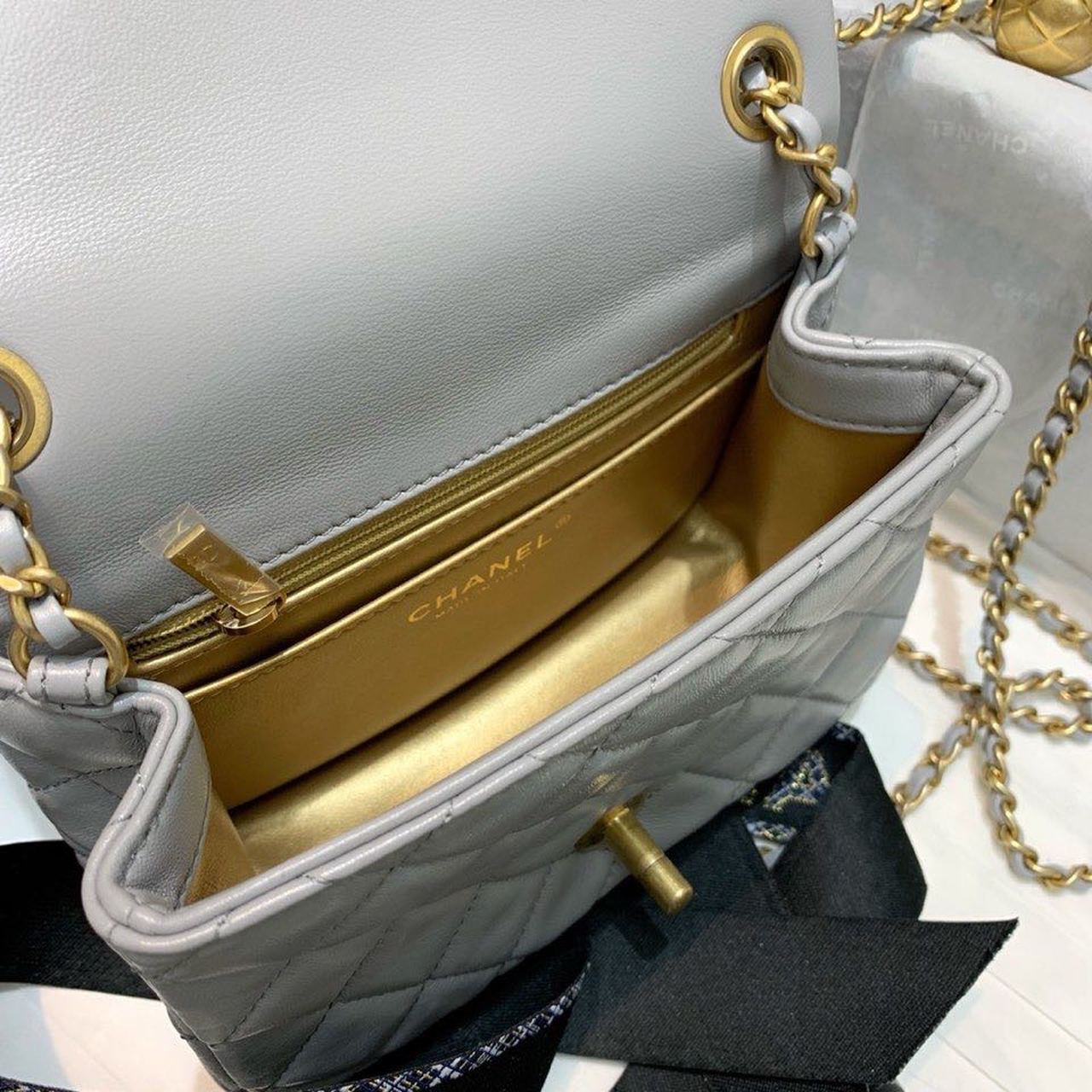 Ch**el Classic Flap With Charm Chain With CC Details On Strap Bag 17cm/7inch Gold Hardware Grey