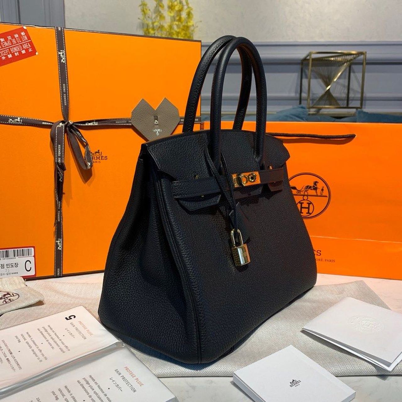 H**me5 Birkin Bag 30cm Gold Hardware Togo Leather Semi Handstitched  Noir CK89