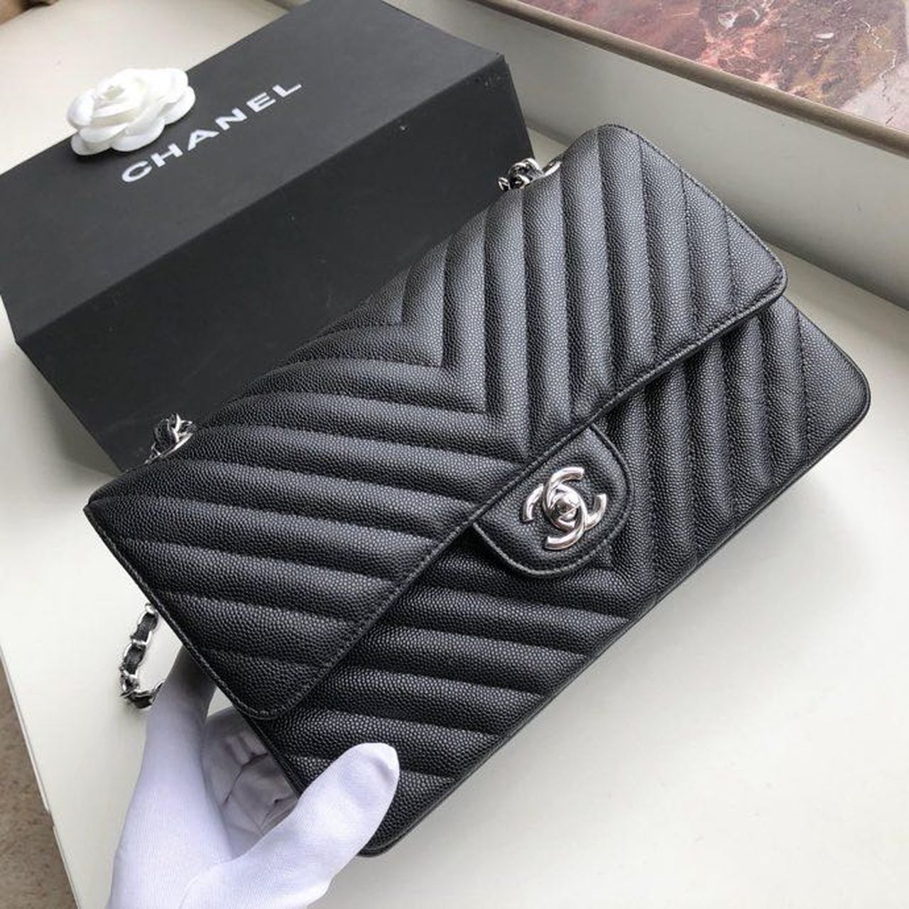 Ch**el Chevron Classic Handbag Silver Hardware Black For Women, Women’s Bags, Shoulder And Crossbody Bags 10.2in/26cm