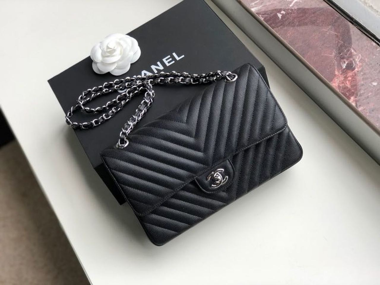 Ch**el Chevron Classic Handbag Silver Hardware Black For Women, Women’s Bags, Shoulder And Crossbody Bags 10.2in/26cm