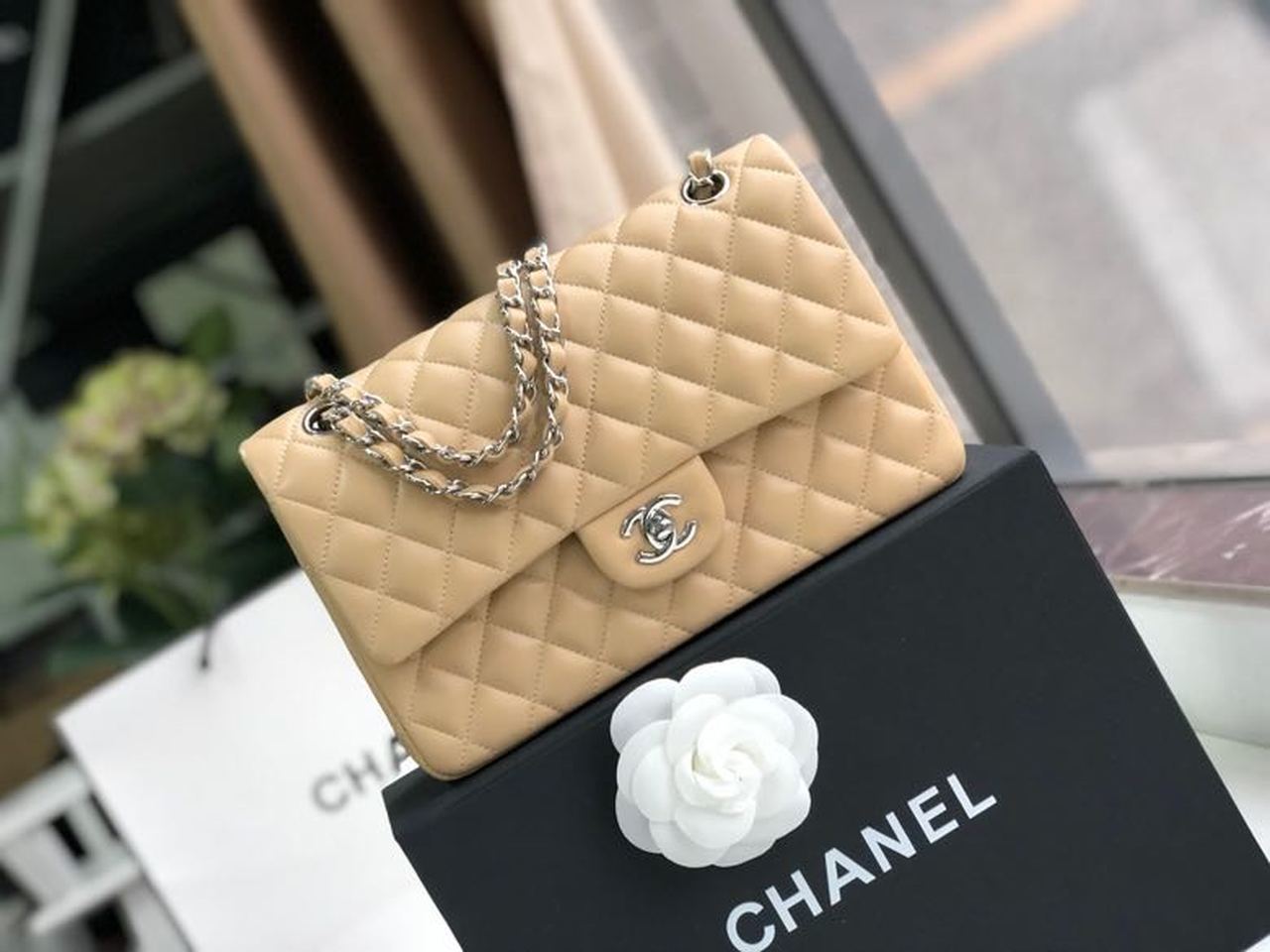 Ch**el Classic Handbag Silver Hardware Beige For Women, Women’s Bags, Shoulder And Crossbody Bags 10.2in/26cm A01112