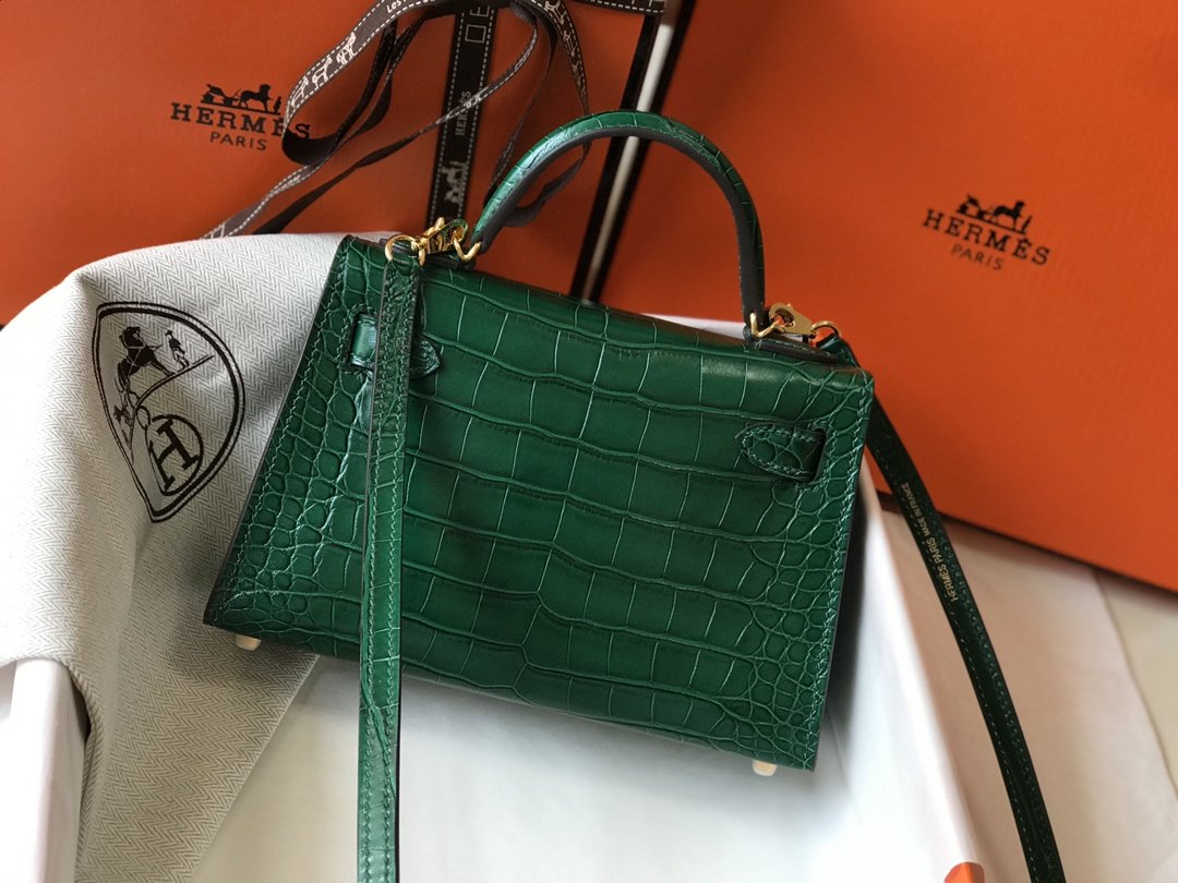 H**me5 Mini Kelly 19 Green Crocodile Bag For Women, Women’s Handbags, Shoulder Bags 7.5in/19cm