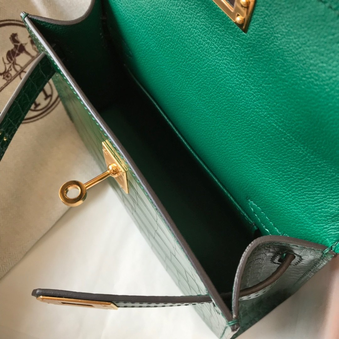 H**me5 Mini Kelly 19 Green Crocodile Bag For Women, Women’s Handbags, Shoulder Bags 7.5in/19cm